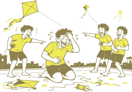 Kite Flying Boys Rooftop Fun Illustration