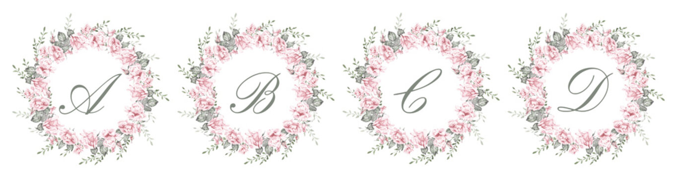 Watercolor floral alphabet set featuring the letters A, B, C and D surrounded by elegant pink rose wreaths and delicate greenery. Romantic botanical monograms for wedding invitations, branding and sta