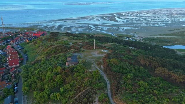 Aerial view of terschelling island and wadden sea at sunrise