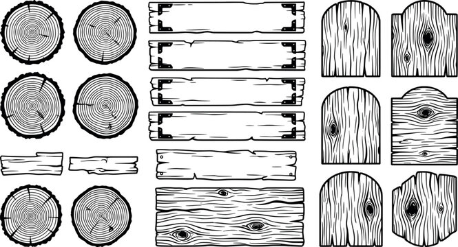 Set of wooden planks, logs, and signs with wood texture transparent background