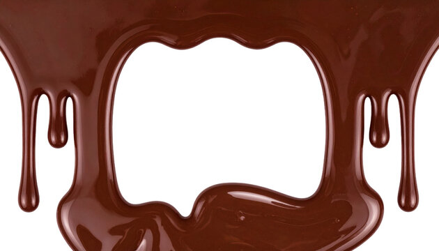 A rich, glossy stream of melted chocolate cascades downward in smooth, viscous drips against a dark background for food photography