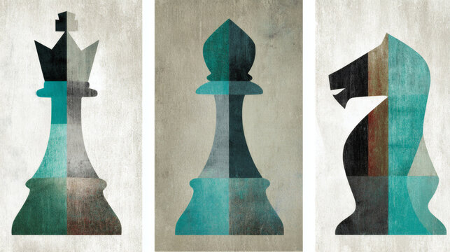 Minimal abstract chess pieces in geometric vintage style, illustration