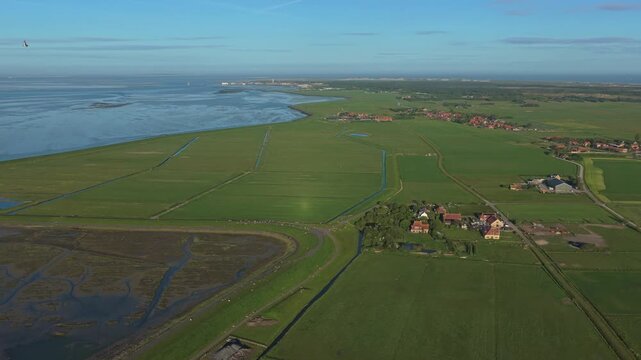 Aerial view flying over dutch polder landscape of terschelling
