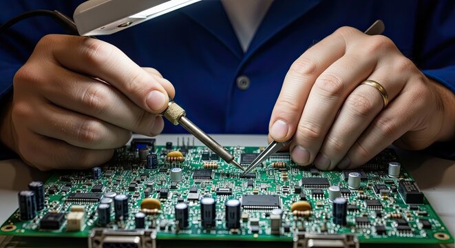 Precision Soldering: A skilled technician's hands, adorned with a ring, meticulously solder a complex circuit board under the focused beam of a magnifier lamp.