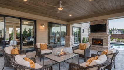 Obraz premium Cozy Outdoor Living Area With Seating and a Fire Pit Near a Swimming Pool in the Evening