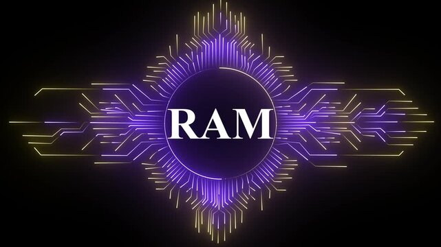 Technology multicolor RAM circuit board background. Computer motherboard with RAM icon. Digital Data moving on Circuit Board and RAM . Computer Processing and organizing data. 4k animation video ,,,