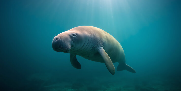 Large aquatic mammal swimming underwater. Manatee exploring ocean depths.