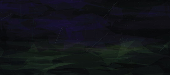 Cosmic landscape with abstract geometric layers in purple and green hues against a dark starry sky with thin white shooting lines. © BE OO
