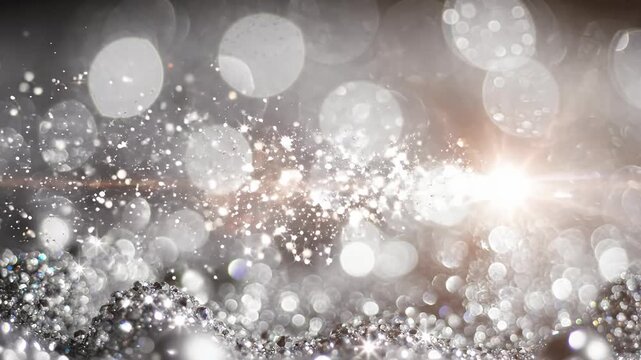 Silver sparkling bokeh glitter background texture.