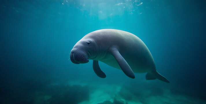 Large aquatic mammal swimming underwater. Manatee exploring ocean depths, peaceful marine life scene.