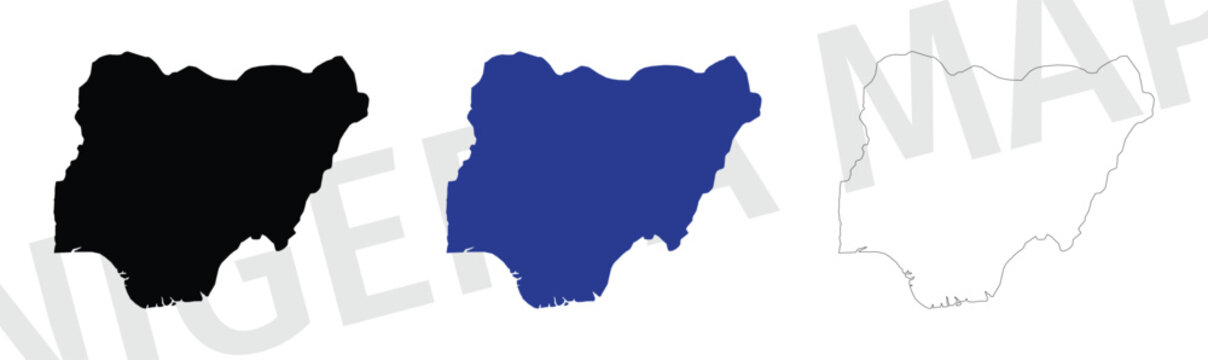 Set of nigeria map silhouettes, black, blue and outline versions, representing the geographical shape of the country