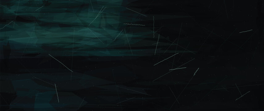Dark abstract background with fragmented geometric shapes in teal and green, overlay of faint stars and thin lines, futuristic digital space art.