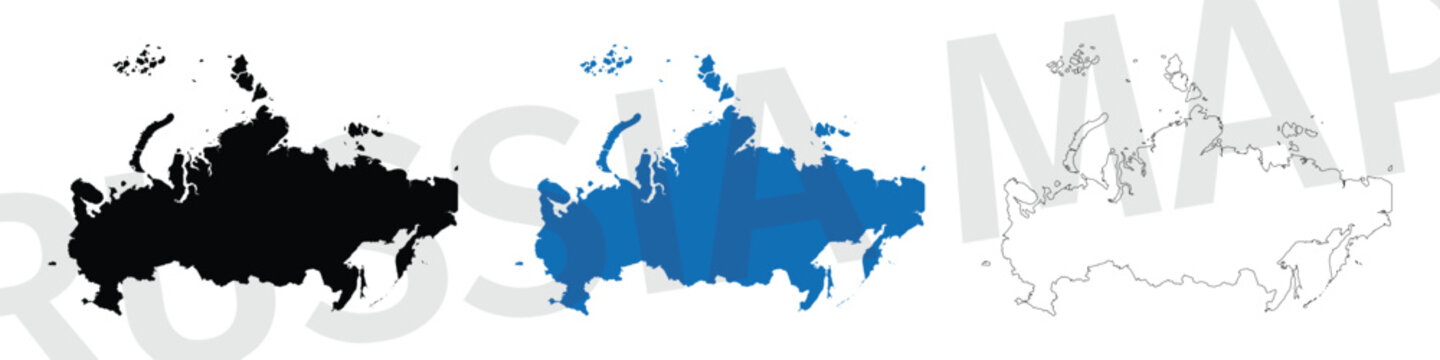 Set of russia map silhouettes, vector illustration of russian federation territory, black, blue and outline map styles