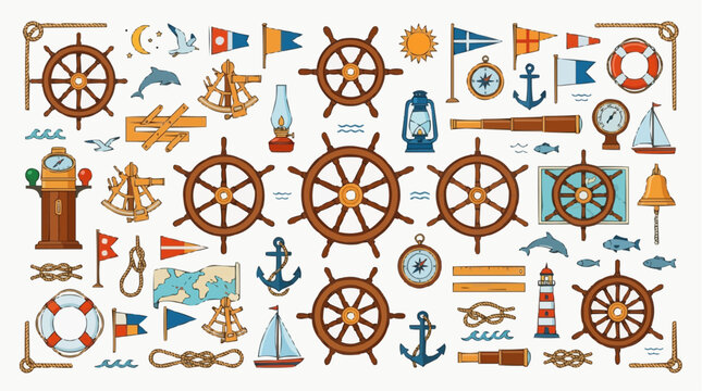 A nautical-themed collage featuring various maritime elements such as ship wheels, anchors, flags, and a lighthouse, representing sea adventure and travel.