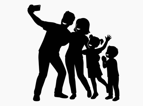 Silhouette of a happy family taking a selfie with a phone, capturing a moment of joy and connection.