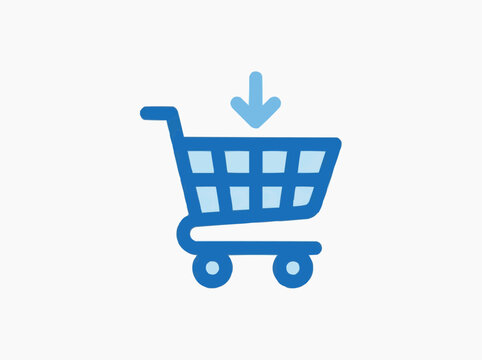 A shopping cart icon with an arrow indicating adding item for the concept of e-commerce and online shopping.