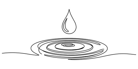 Continuous one line drawing of a water drop falling into a liquid ripple circle isolated on a white background for clean minimalist graphic design Vector, illustration © New Outline