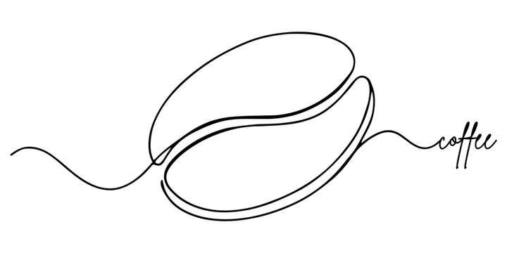 Single continuous line drawing of a roasted coffee bean with coffee text typography isolated on a white background for cafe branding and menu design Vector, illustration