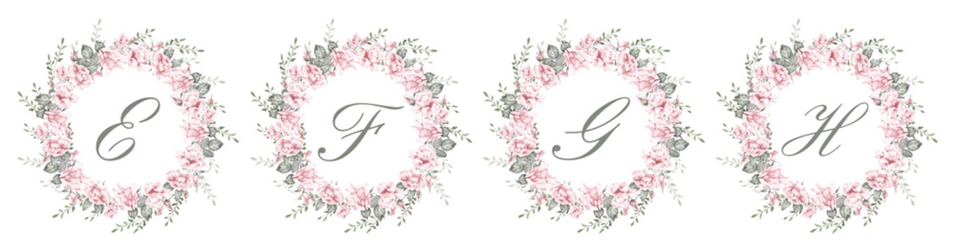 Watercolor floral alphabet set featuring the letters E, F, G and H surrounded by elegant pink rose wreaths and delicate greenery. Romantic botanical monograms for wedding invitations, branding and sta