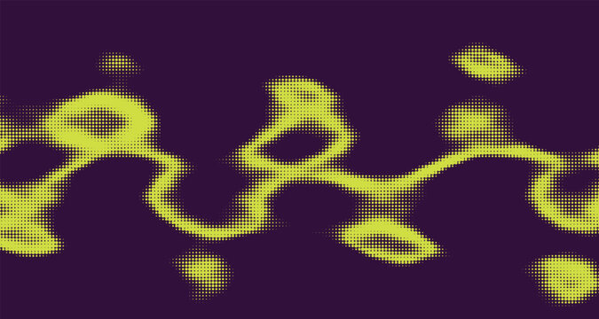 Yellow halftone liquid pattern on a purple background featuring organic shapes and dotted texture abstract amorphous arrangement art blob