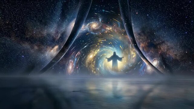 Creator standing before a swirling nebula galaxy opening in space. Biblical depiction of God crafting the universe and the cosmos in a divine genesis event.
