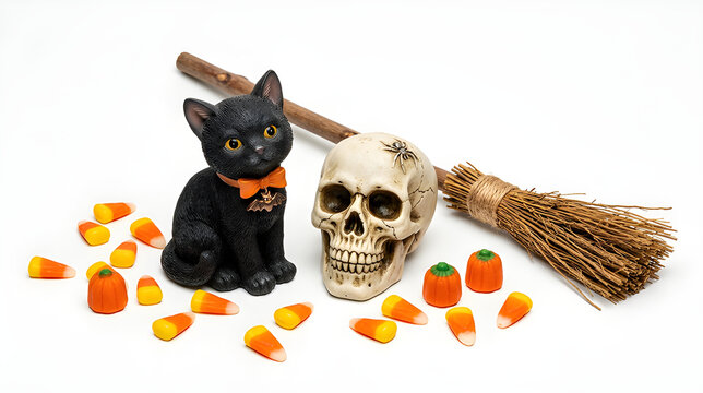 Spooky Halloween scene featuring a black cat, a skull, a broom, and candy corn. This image evokes a sense of mystery and festivity, perfect for the autumn holiday