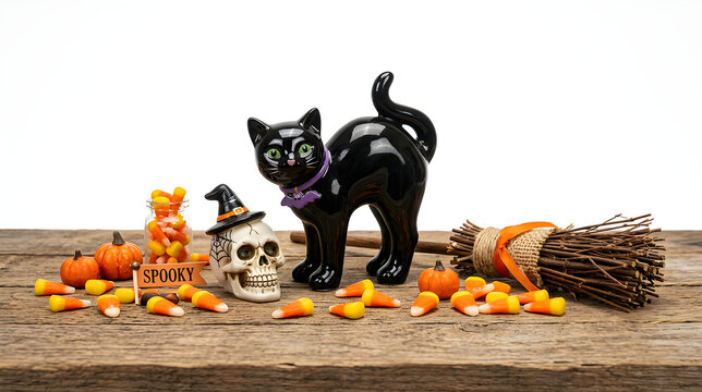 A playful collection of Halloween decorations including a black cat figurine, candy corn, small pumpkins, a skull wearing a witch hat, and a broomstick, all arranged on a rustic wooden surface