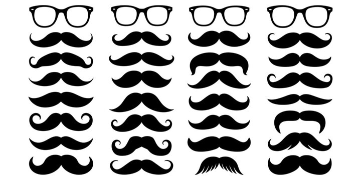 Set of black mustache icons and glasses accessories for hipster fashion and party photo booth props isolated on white background Vector, illustration