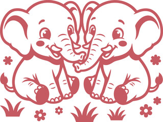 Naklejka premium Two cartoon elephants sitting together surrounded by small flowers.