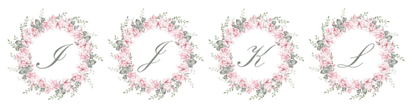 Watercolor floral alphabet set featuring the letters I, J, K and L surrounded by elegant pink rose wreaths and delicate greenery. Romantic botanical monograms for wedding invitations, branding and sta