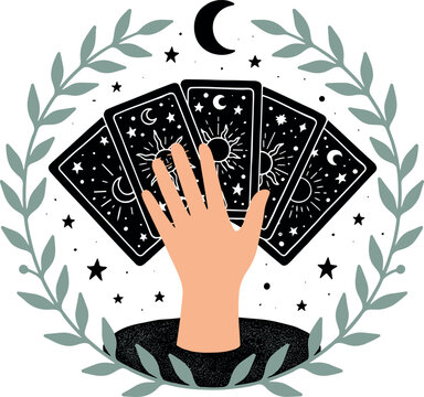 Mystical tarot reading with hand emerging from darkness