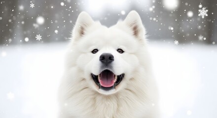 Fototapeta premium Samoyed dog portrait with open mouth winter scene and falling snowflakes