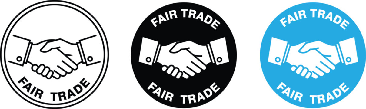 Collection of fair trade certified badges with handshake symbols and circular certification labels
