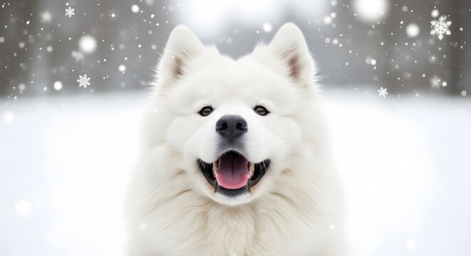Samoyed dog portrait with open mouth winter scene and falling snowflakes