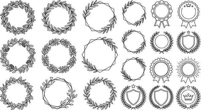 Set of handdrawn floral wreaths, geometric frames, and award badges transparent background