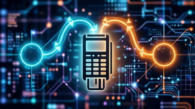 Focus on a simplified icon of a payment terminal with glowing arrows pointing to issuer and acquirer nodes set against a softly blurred technical interface.