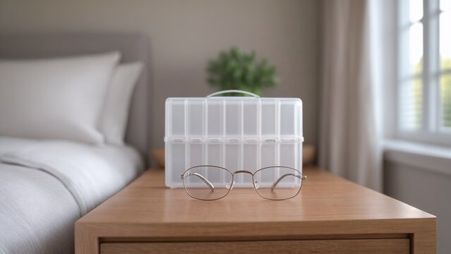 Title: Reading Glasses and Weekly Pill Organizer on Bedside Table