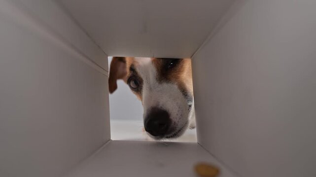 A funny Jack Russell Terrier dog looks into a cardboard box and eats food.
