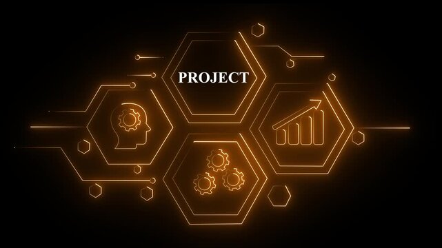 Abstract orange neon Hud knowledge ability business gear icon Glowing neon line concept. Glowing "PROJECT" button in German on a futuristic, abstract wave technology 4K video on black background ...