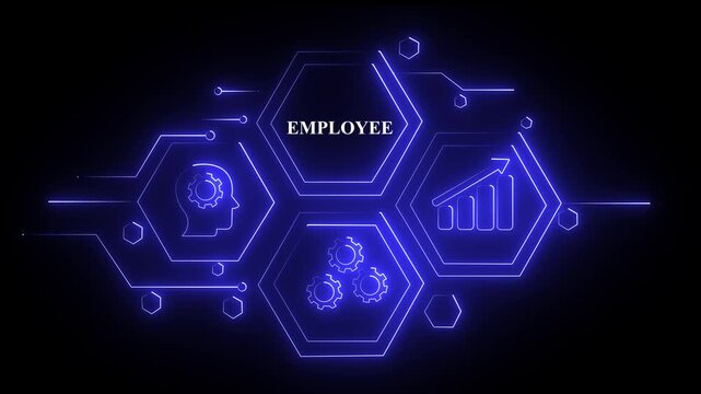 Abstract blue neon Hud knowledge ability business gear icon Glowing neon line concept. Glowing "EMPLOYE" button in German on a futuristic, abstract wave technology animation on black background ...