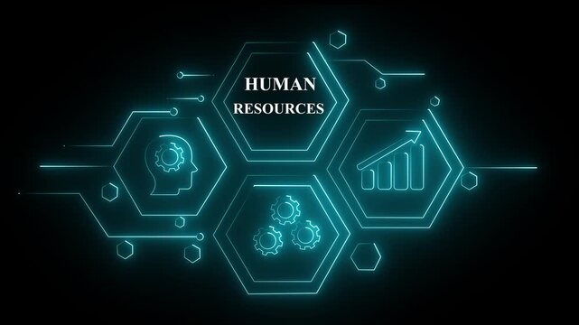 Abstract blue neon Hud knowledge ability business gear icon Glowing neon line concept. Glowing "HUMAN RESOURCES" button in German on a futuristic, abstract wave technology on black ...