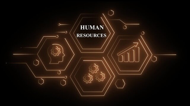 Abstract orange neon Hud knowledge ability business gear icon Glowing neon line concept. Glowing "HUMAN RESOURCES" button in German on a futuristic, abstract wave technology on black ...