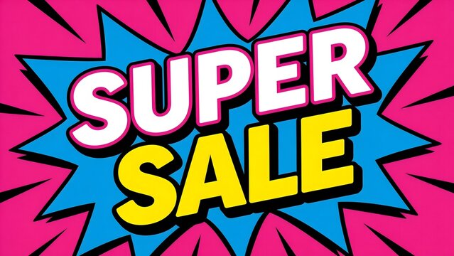 Super sale banner with comic book style. Vibrant marketing graphic for retail promotions.