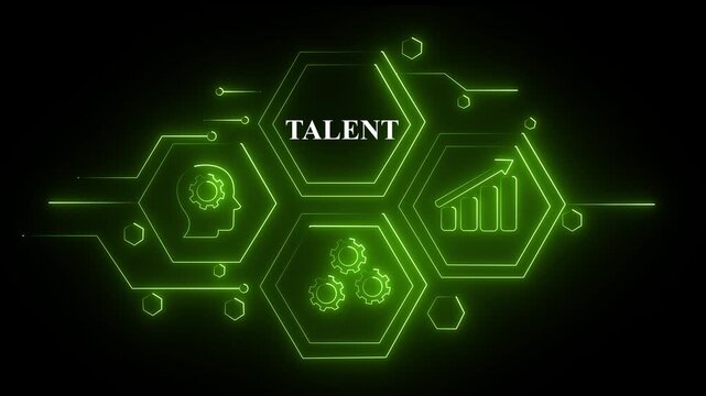 Abstract neon Hud knowledge ability business gear icon Glowing neon line concept. Glowing "TALENT" button in German on a futuristic, abstract wave technology 4K video on black background ...