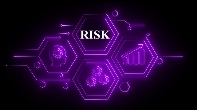 Abstract purple neon Hud knowledge ability business gear icon Glowing neon line concept. Glowing "RISK" button in German on a futuristic, abstract wave technology video on black background  ...