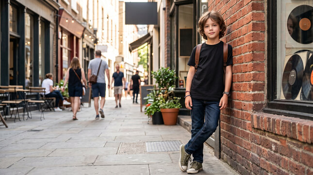 Portrait of a confident young boy with a backpack leaning against a brick wall on a bustling city street