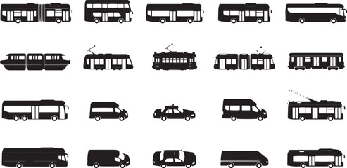 Obraz premium Set of black silhouette featuring various public transportation vehicles, including buses, trams, streetcars, vans, and taxis