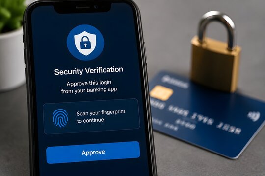 A smartphone displays a security verification screen with fingerprint scan prompt, next to a credit card and padlock, symbolizing digital security and financial protection.