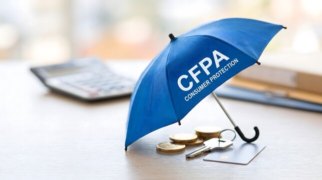 A blue umbrella with the text CFPA CONSUMER PROTECTION covering coins and a key, representing consumer safety and financial security.