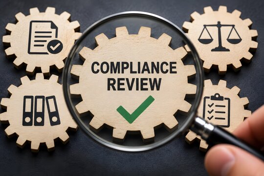 A magnifying glass over a gear labeled COMPLIANCE REVIEW surrounded by other gears with legal and business icons, symbolizing auditing and corporate governance.
